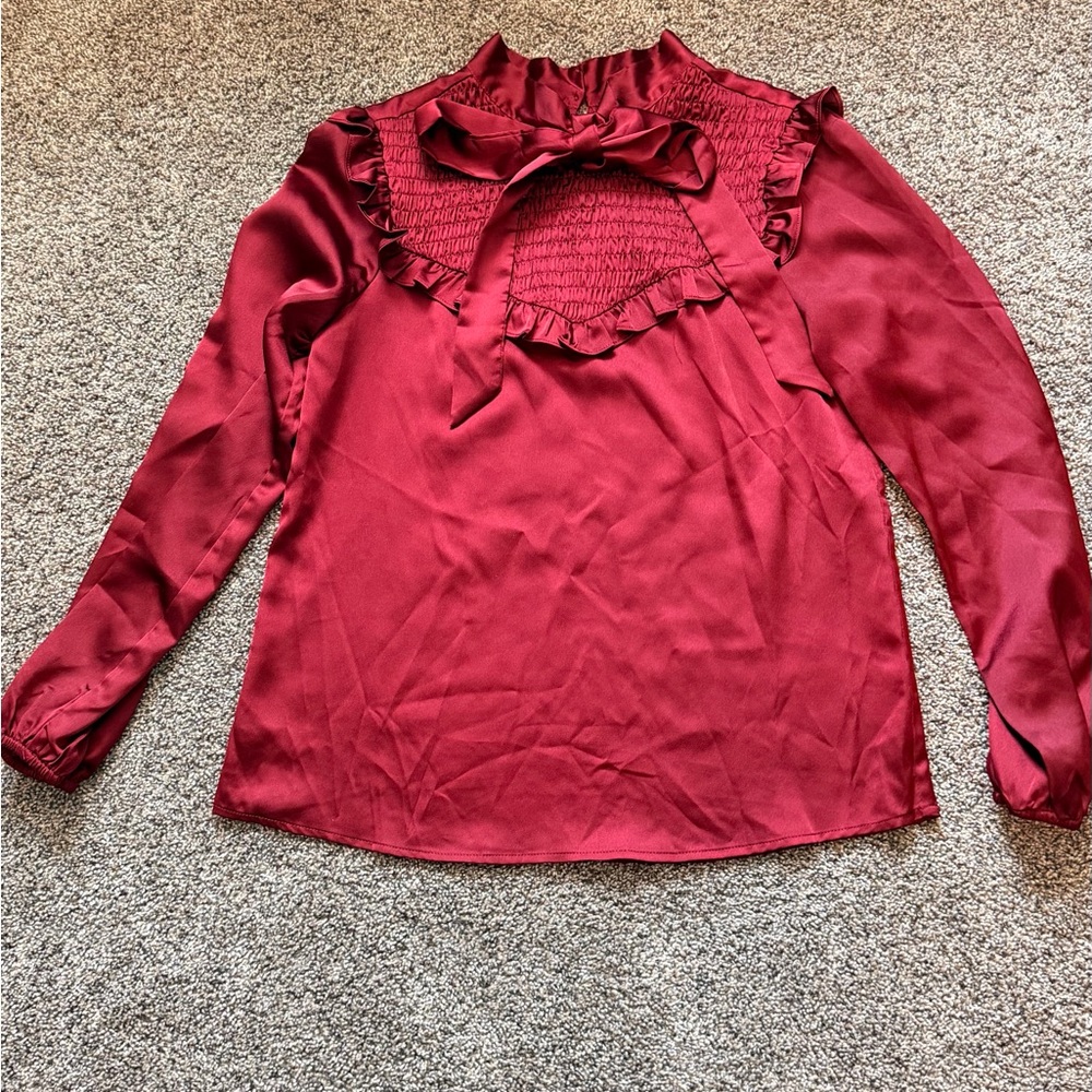 Sugarlips Cranberry Burgundy Ruffled Satin Blouse
